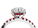 Platinum Round Cut Diamond Solitaire Ring with Round with Ruby side stone Pavé Band and Four-Prong Setting_16