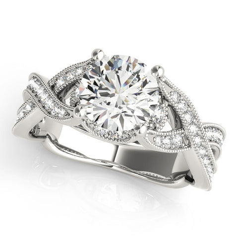 Platinum Round Cut Diamond Twisted Band with Milgrain Pave Setting and Four-Prong Setting
