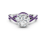Platinum Round Cut Diamond with Amethyst side stone Halo Twist Band Solitaire Prong Setting Ring