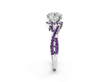Platinum Round Cut Diamond with Amethyst side stone Halo Twist Band Solitaire Prong Setting Ring_2