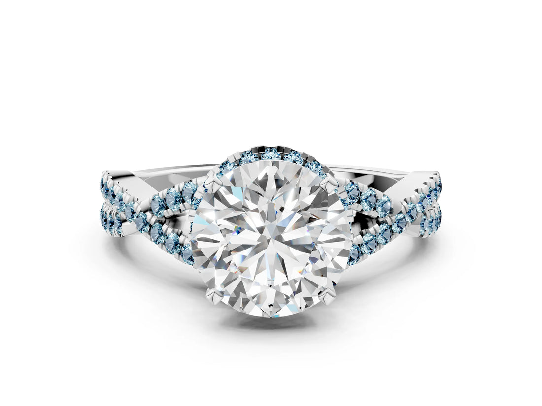 Platinum Round Cut Diamond with Aquamarine side stone Halo Twist Band Solitaire Prong Setting Ring