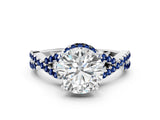 Platinum Round Cut Diamond with Blue Sapphire side stone Halo Twist Band Solitaire Prong Setting Ring