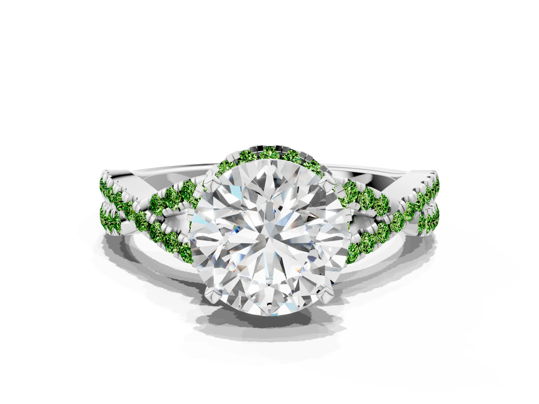 Platinum Round Cut Diamond with Peridot side stone Halo Twist Band Solitaire Prong Setting Ring