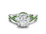 Platinum Round Cut Diamond with Peridot side stone Halo Twist Band Solitaire Prong Setting Ring