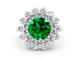 Platinum Round Cut Emerald Floral Double Halo Engagement Ring with Prong Setting_144