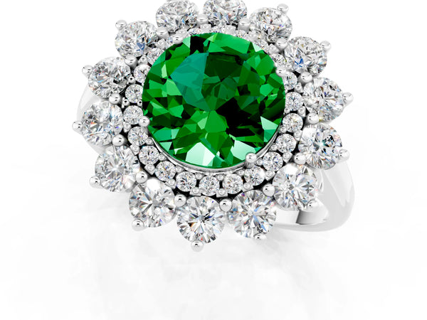 Platinum Round Lab-Grown Emerald Floral Double Halo Engagement Ring with Plain Band