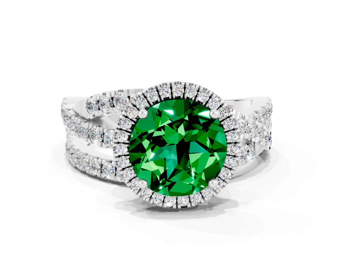 Platinum Round Cut Emerald Halo Ring with Round Split Shank and Prong Setting_66
