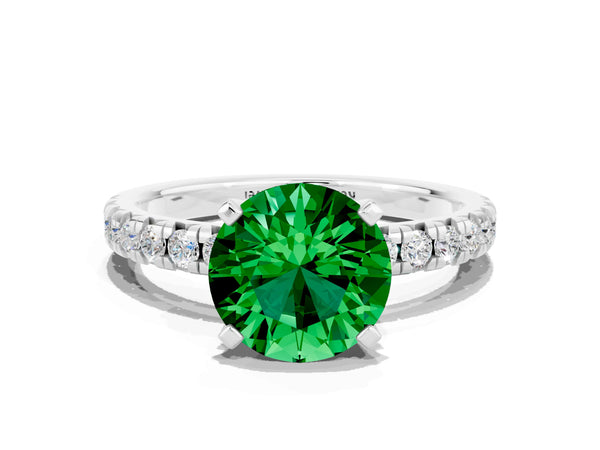Platinum Round Lab-Grown Emerald Solitaire Engagement Ring with Large Round Accent Band