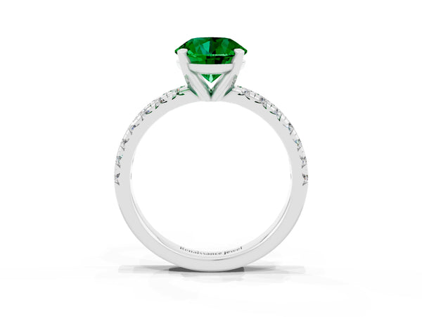 Platinum Round Lab-Grown Emerald Solitaire Engagement Ring with Large Round Accent Band
