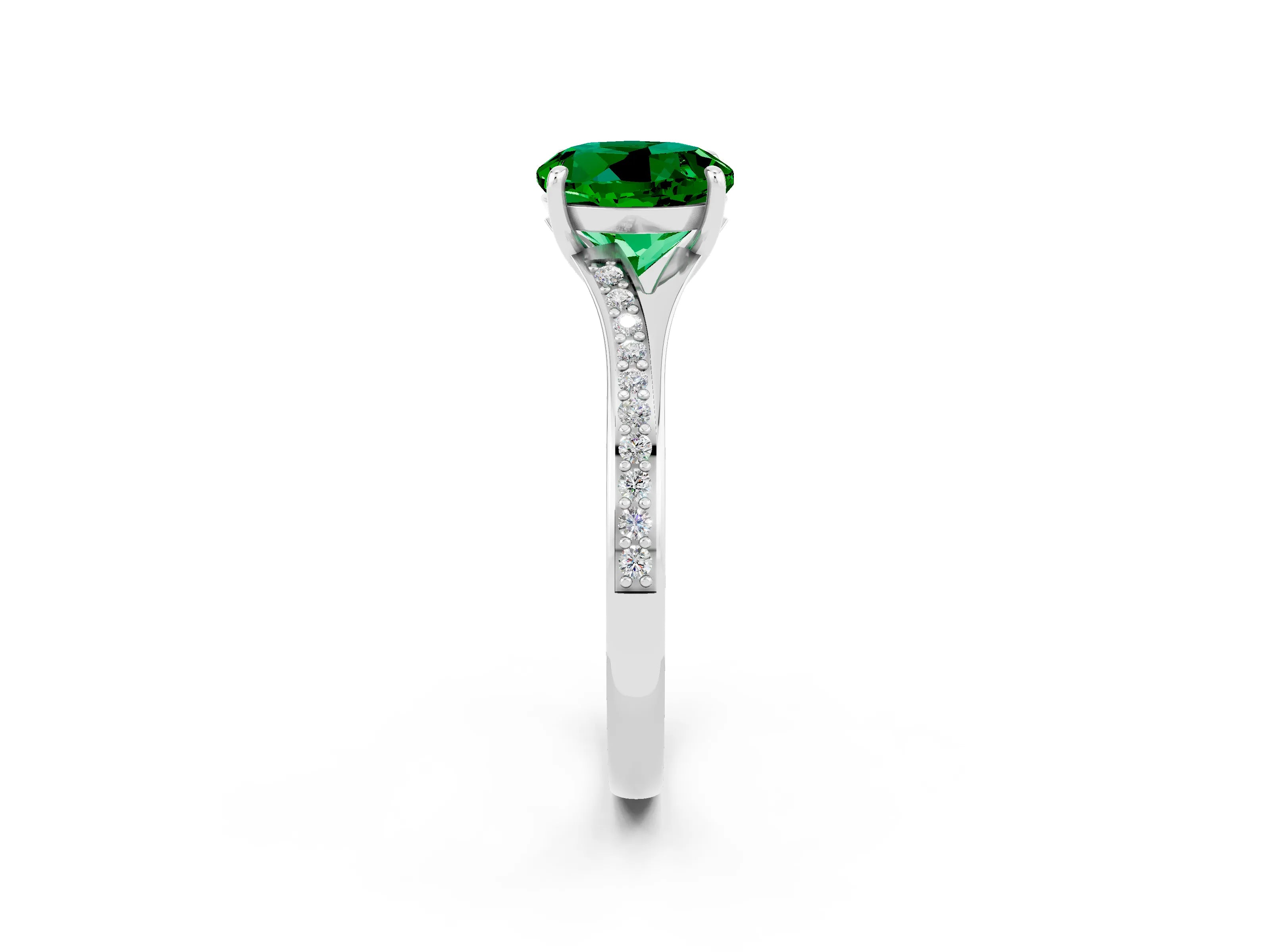 Platinum Round Cut Emerald Solitaire Ring with Pavé Band and Prong Setting_14