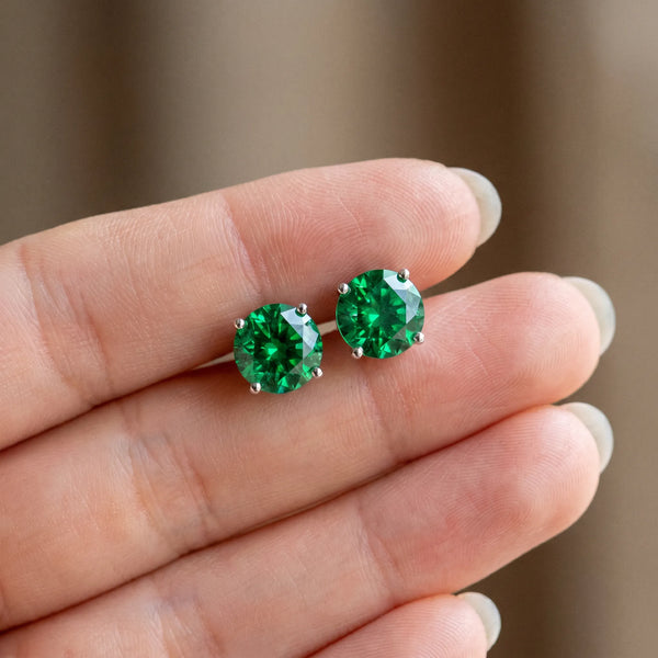 Platinum Round Cut Emerald Stud Earrings