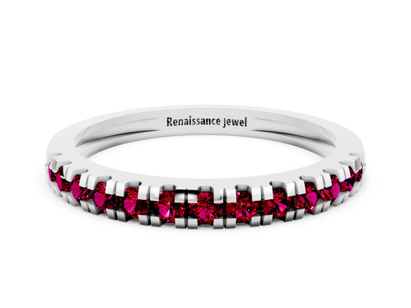 Platinum Round Garnet Thin Pave Half Eternity Wedding Band