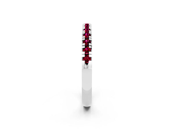 Platinum Round Garnet Thin Pave Half Eternity Wedding Band