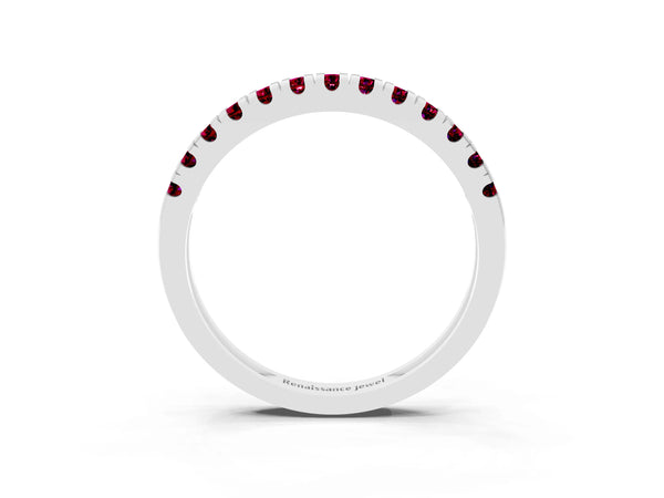 Platinum Round Garnet Thin Pave Half Eternity Wedding Band