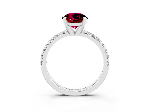 Platinum Round Cut Garnet Solitaire Pavé Engagement Ring with Round Band and Prong Setting
