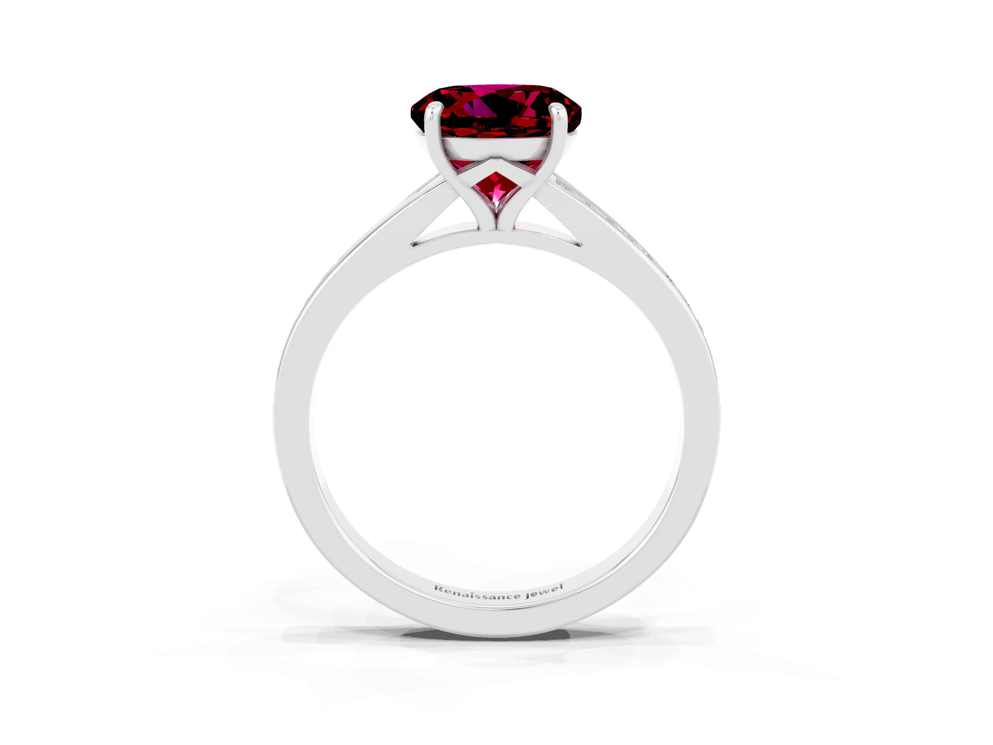 Platinum Round Cut Garnet Solitaire Ring with Pavé Band and Prong Setting_15