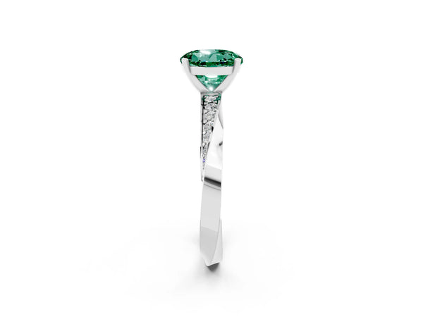 Platinum Round Cut Green Sapphire Engagement Ring with Side Stone Accents and Four-Prong Setting