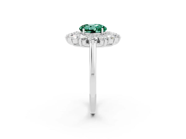 Platinum Round Cut Green Sapphire Floral Double Halo Engagement Ring with Prong Setting