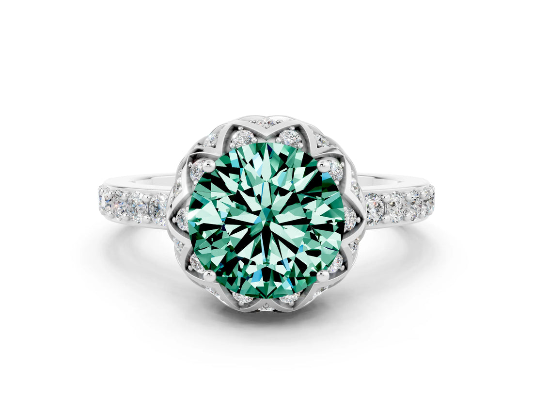 Platinum Round Cut Green Sapphire Scalloped Halo Engagement Ring with Round Shared Prong Band_108