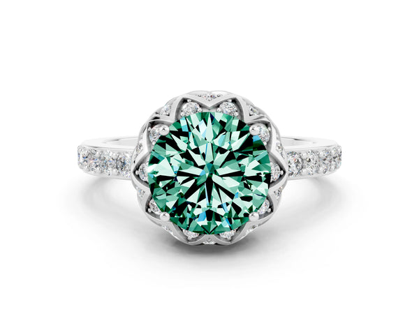 Platinum Round Cut Green Sapphire Scalloped Halo Engagement Ring with Round Shared Prong Band