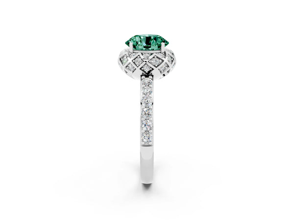 Platinum Round Cut Green Sapphire Scalloped Halo Engagement Ring with Round Shared Prong Band