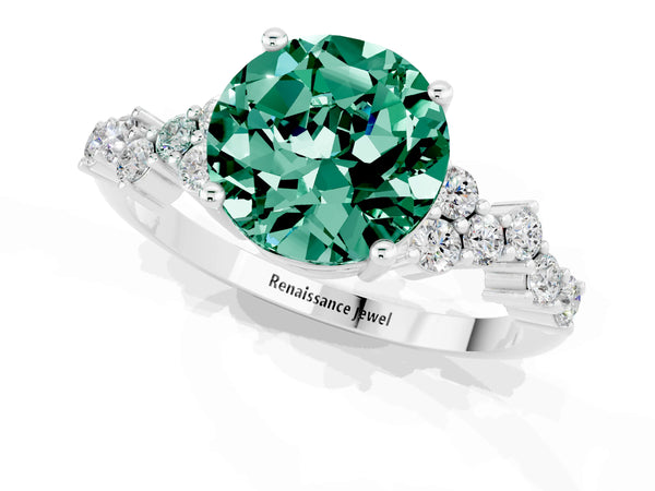 Platinum Round Cut Green Sapphire Scattered Round Accent Ring with Prong Setting