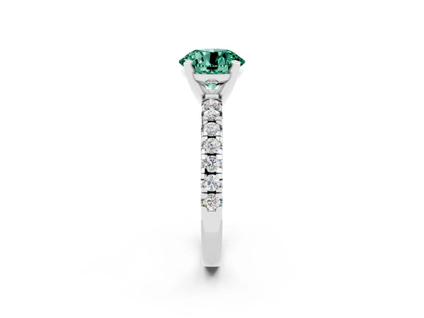 Platinum Round Cut Green Sapphire Solitaire Pavé Engagement Ring with Round Band and Prong Setting