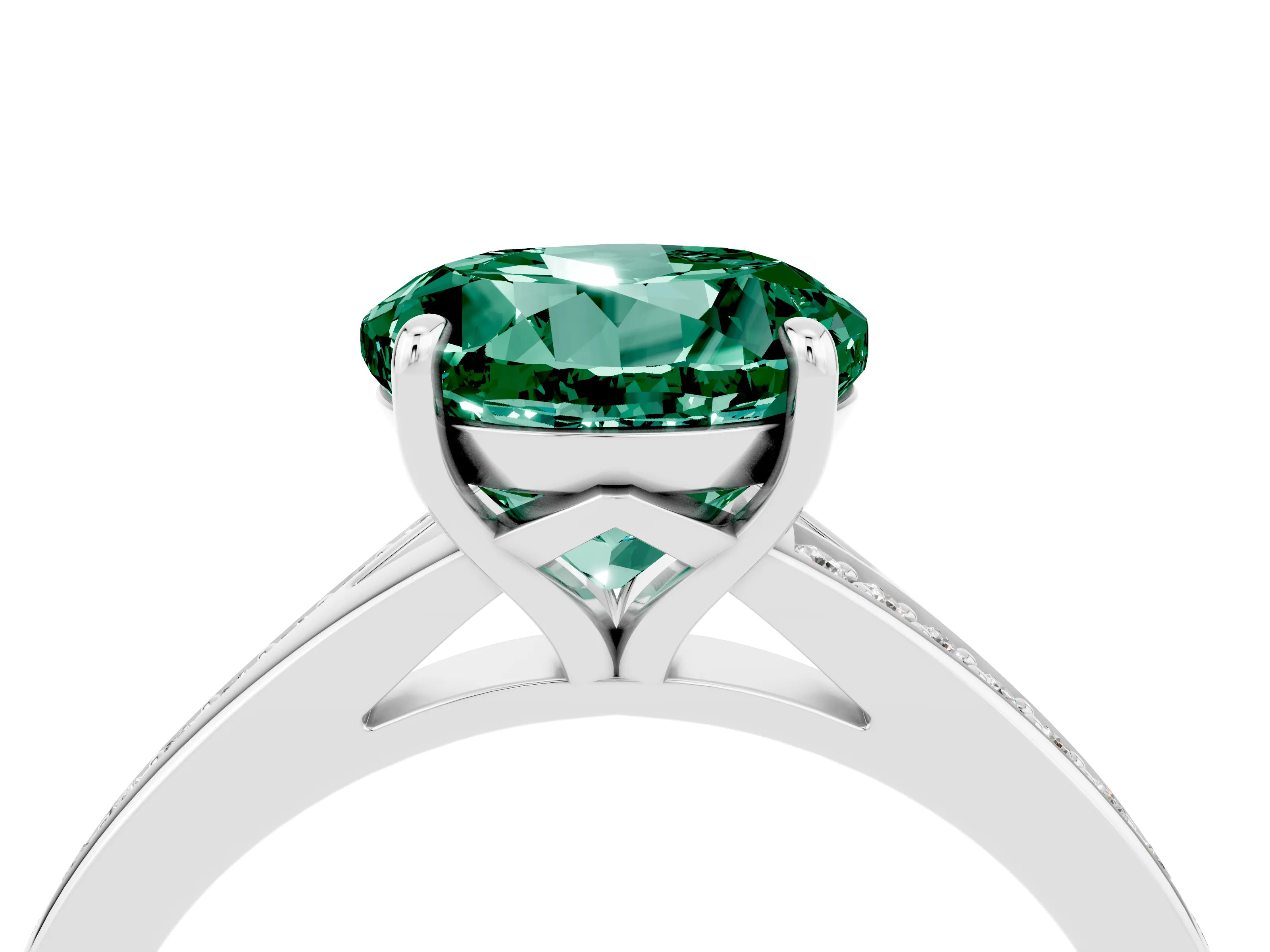Platinum Round Cut Green Sapphire Solitaire Ring with Pavé Band and Prong Setting_16