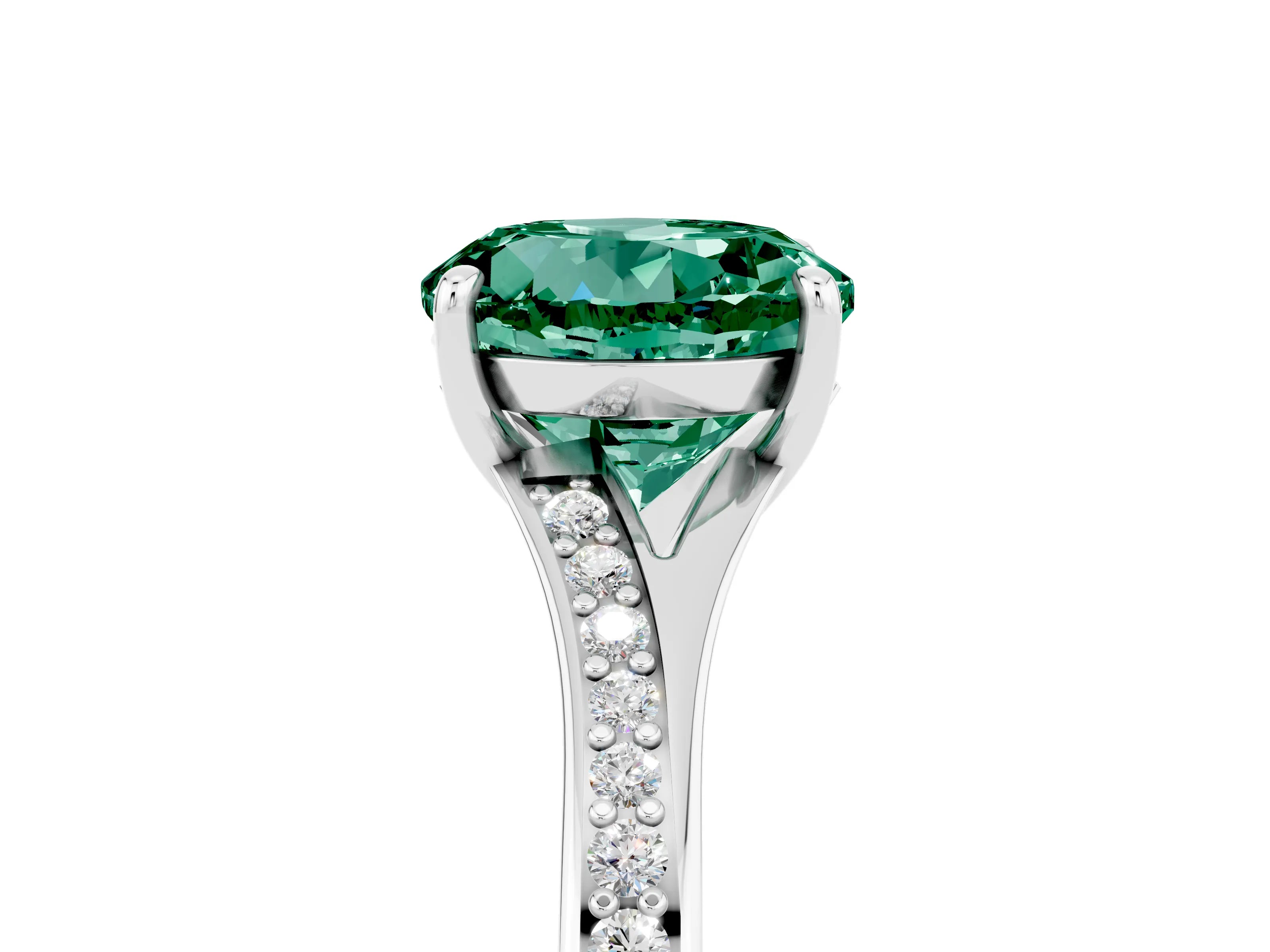 Platinum Round Cut Green Sapphire Solitaire Ring with Pavé Band and Prong Setting_17