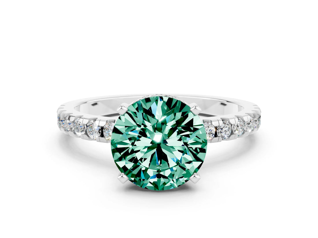 Platinum Round Cut Green Sapphire Solitaire Ring with Round  Pavé Band and Four-Prong Setting_36