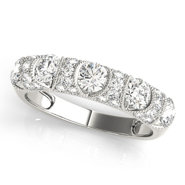 Platinum Round Cut Milgrain Diamond Half Eternity Band with Pave Setting