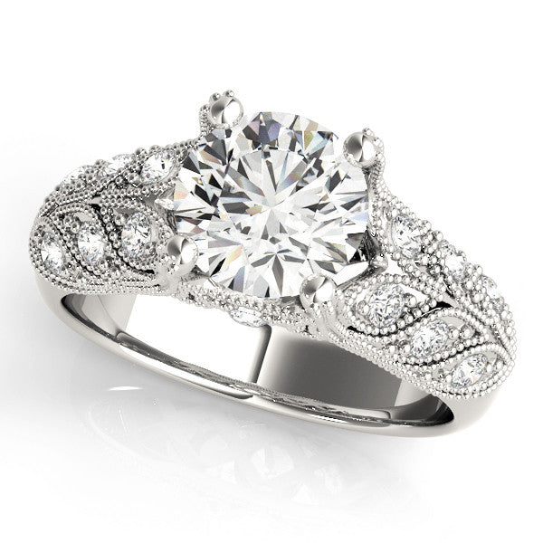 Platinum Round Cut Milgrain Pave Diamond Engagement Ring with Four-Prong Setting 1