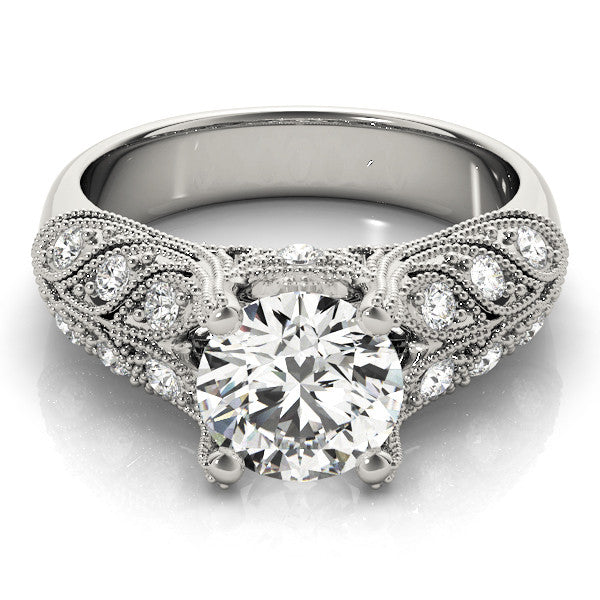 Platinum Round Cut Milgrain Pave Diamond Engagement Ring with Four-Prong Setting 2