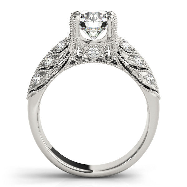 Platinum Round Cut Milgrain Pave Diamond Engagement Ring with Four-Prong Setting