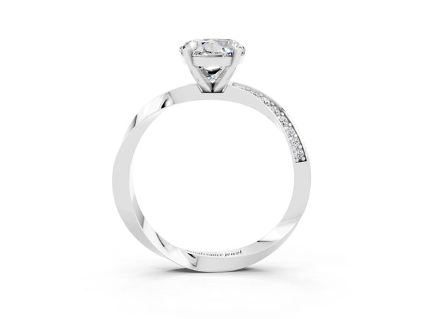 Platinum Round Cut Moissanite Engagement Ring with Side Stone Accents and Four-Prong Setting