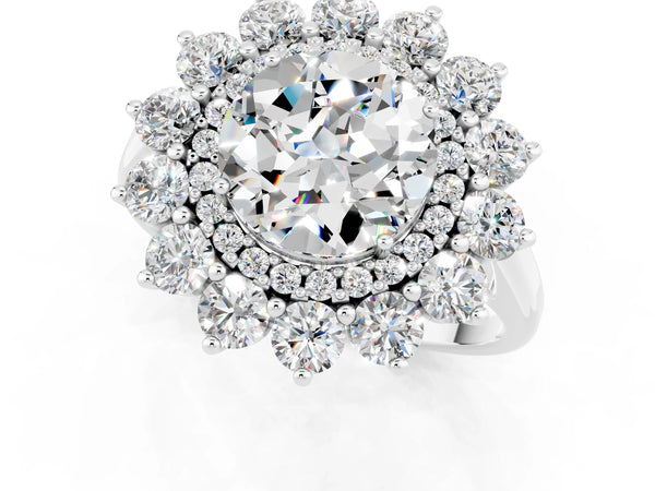 Platinum Round Cut Moissanite Floral Double Halo Engagement Ring with Prong Setting