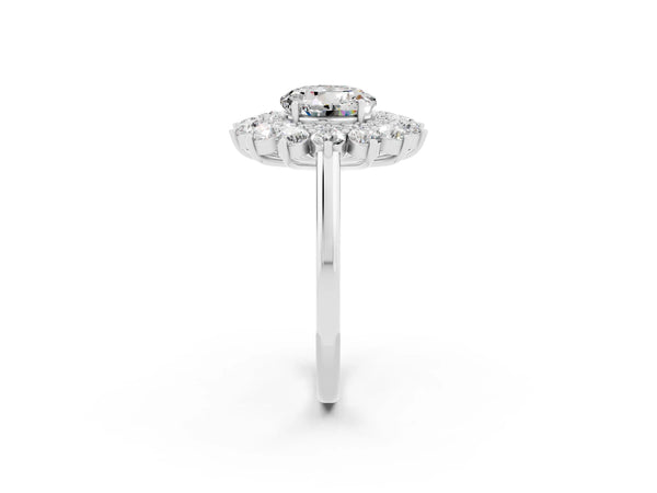 Platinum Round Cut Moissanite Floral Double Halo Engagement Ring with Prong Setting