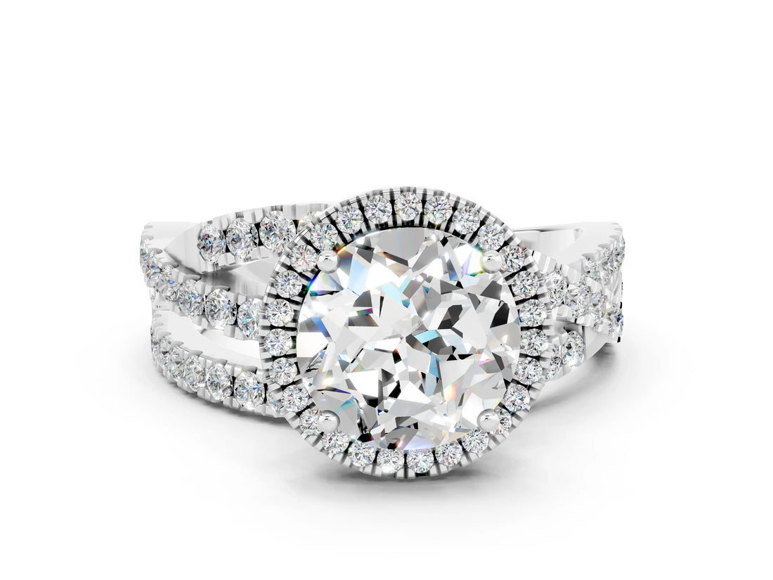 Platinum Round Cut Moissanite Halo Ring with Round Split Shank and Prong Setting_66