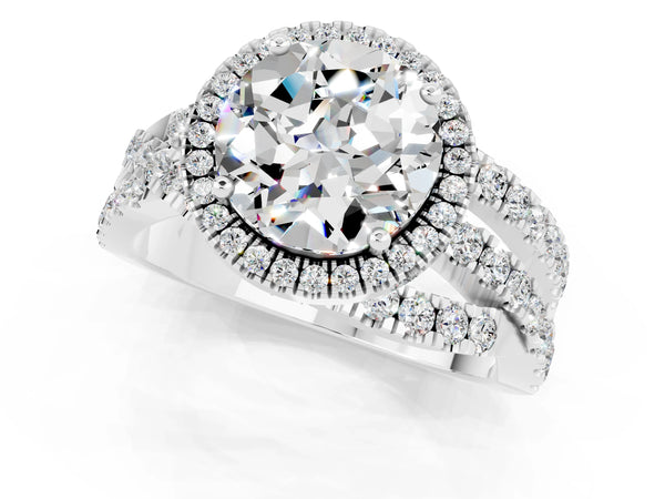 Platinum Round Cut Moissanite Halo Ring with Round Split Shank and Prong Setting