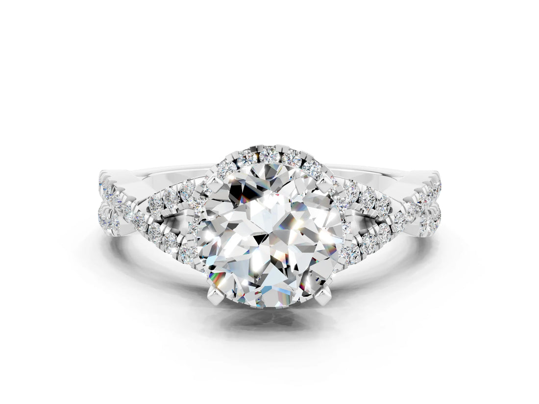 Platinum Round Cut Moissanite  Halo Twist Band Solitaire Prong Setting Ring_12
