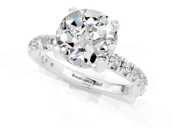 Platinum Round Cut Moissanite Pavé Solitaire Ring with Round Band and Prong Setting