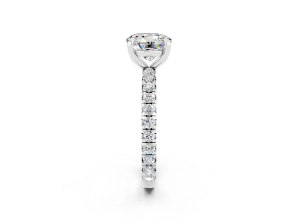 Platinum Round Cut Moissanite Pavé Solitaire Ring with Round Band and Prong Setting