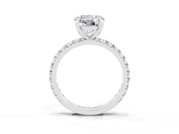 Platinum Round Cut Moissanite Pavé Solitaire Ring with Round Band and Prong Setting
