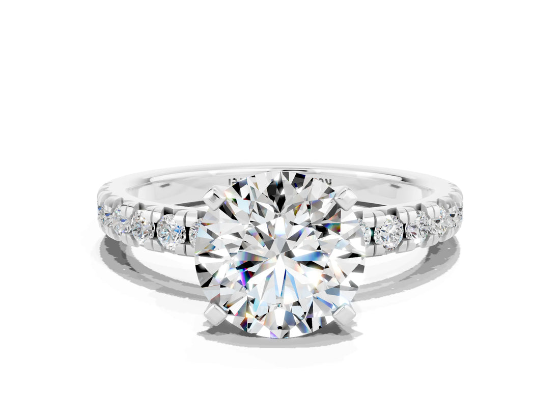 Platinum Round Cut Moissanite Solitaire Pavé Engagement Ring with Round Band and Prong Setting_90
