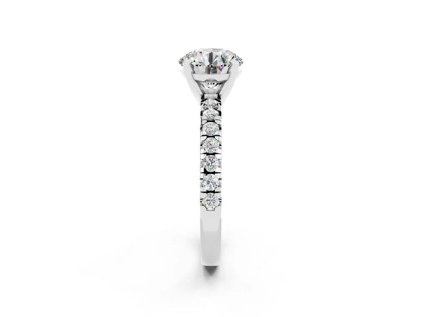 Platinum Round Cut Moissanite Solitaire Pavé Engagement Ring with Round Band and Prong Setting
