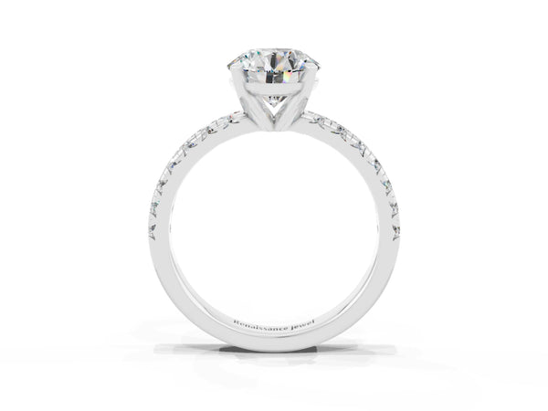 Platinum Round Cut Moissanite Solitaire Pavé Engagement Ring with Round Band and Prong Setting