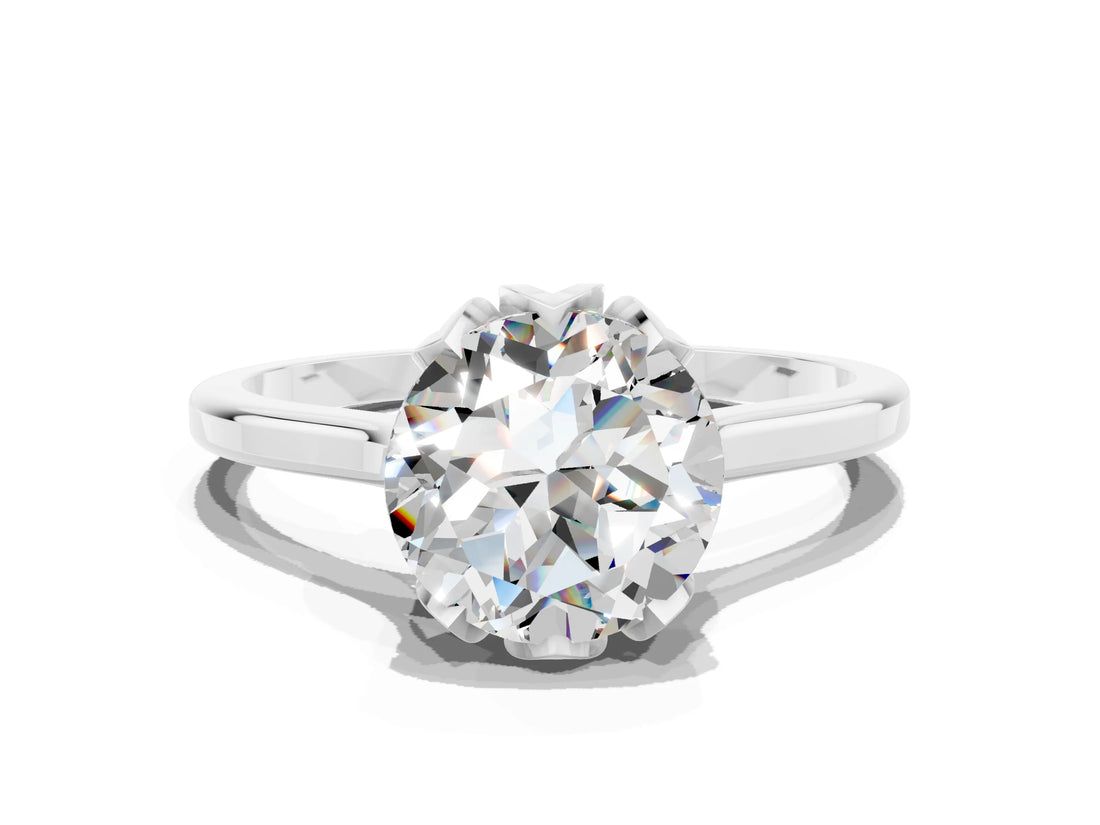 Platinum Round Cut Moissanite Solitaire Ring with Flower Prong Setting and Classic Band