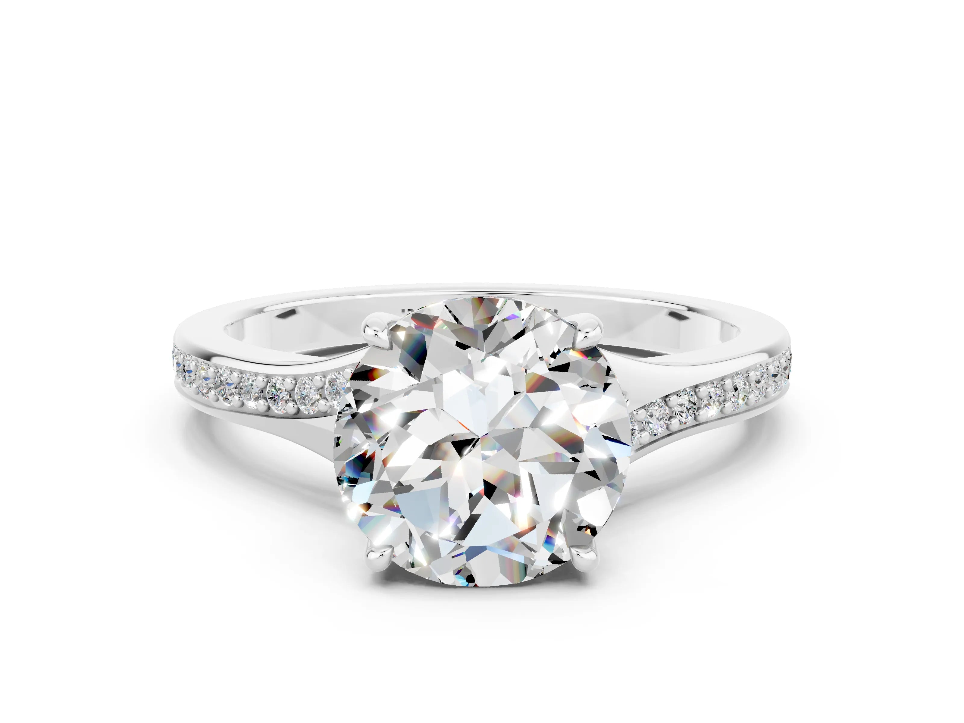 Platinum Round Cut Moissanite Solitaire Ring with Pavé Band and Prong Setting_12