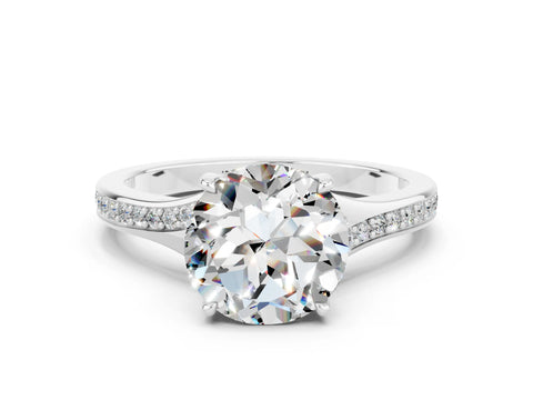 Platinum Round Cut Moissanite Solitaire Ring with Pavé Band and Prong Setting_12