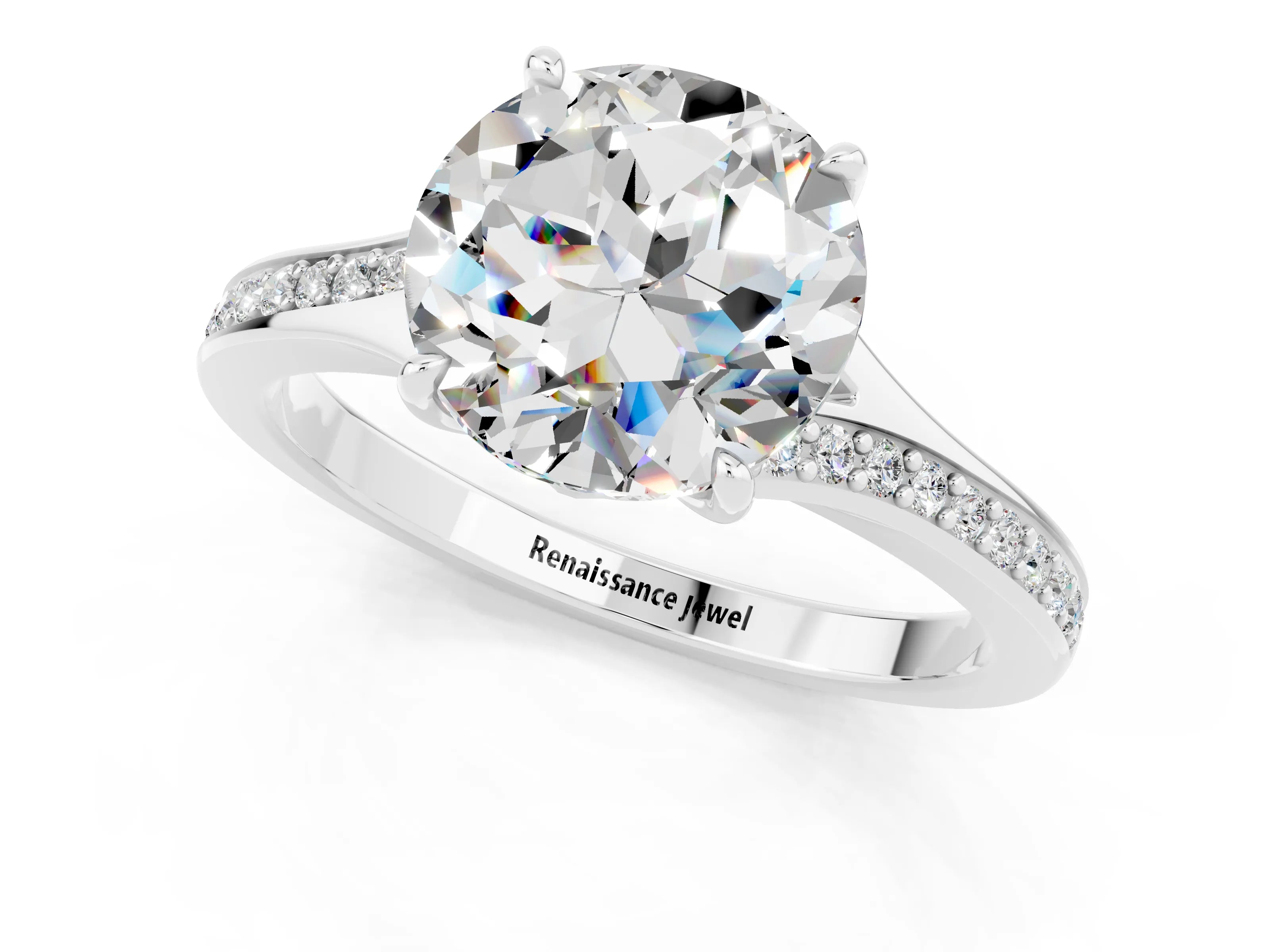 Platinum Round Cut Moissanite Solitaire Ring with Pavé Band and Prong Setting_13